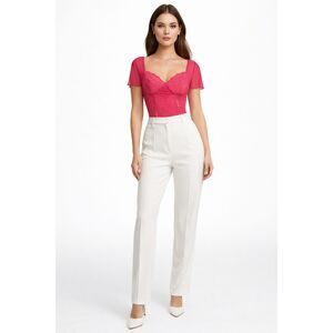 566 Hot Pink Sheer Lace Bodysuit Valentine’s Day Mesh Short Sleeve Statement Top